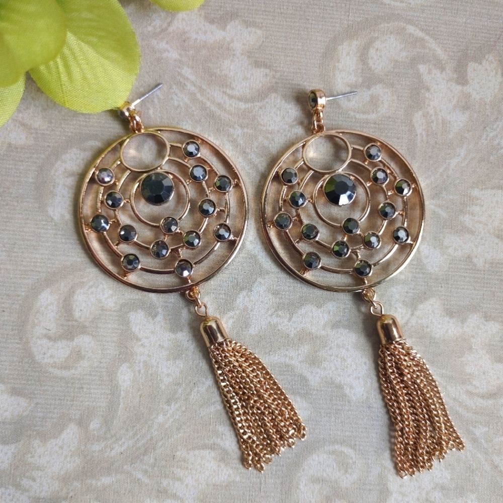 Gold Galaxy Circle Drop Earrings w/ Chain Tassel